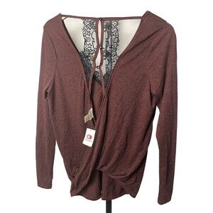 Daytrip Buckle XS Brown Top Black Lace Button-Up Back Twist‎ Hem Long Sleeve NWT